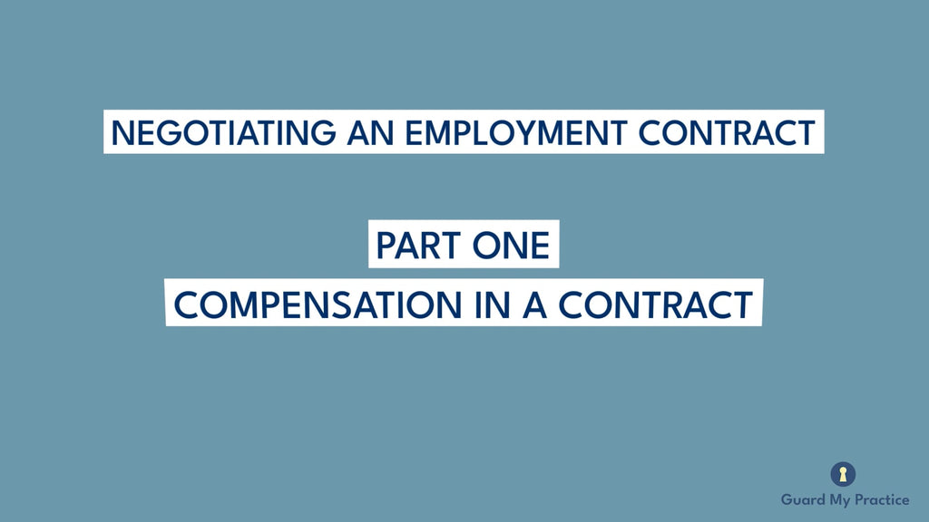 Text on a blue background about negotiating an employment contract with 'Guard My Practice' branding.